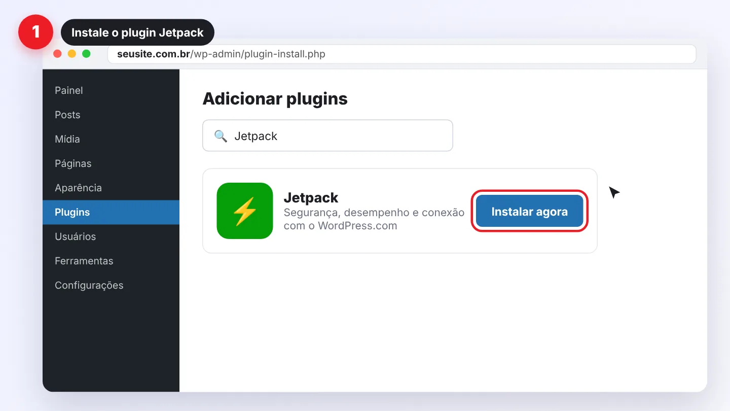 Passo 1 do conector: instalar o plugin Jetpack em Plugins › Adicionar novo