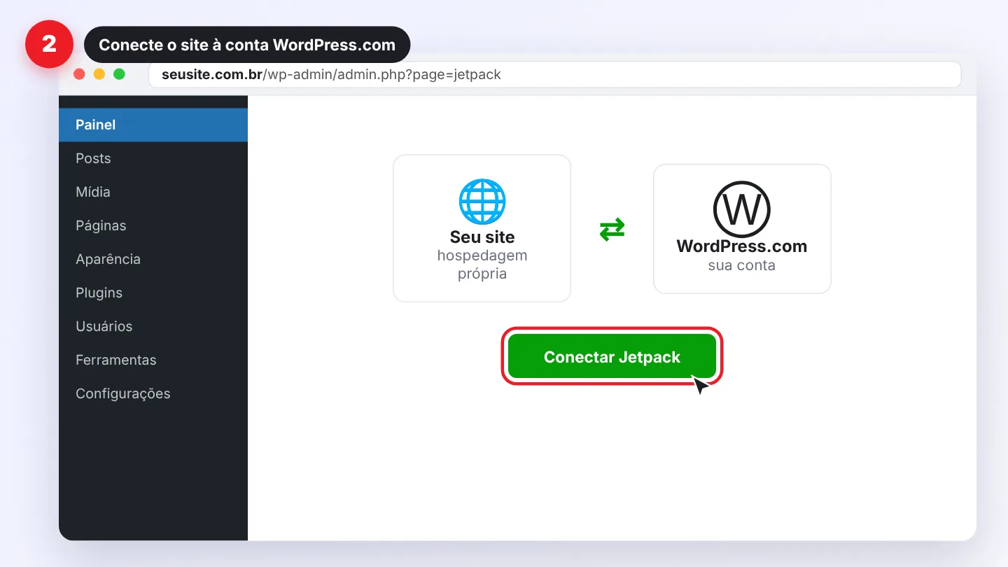 Passo 2 do conector: conectar o site à conta WordPress.com pelo Jetpack