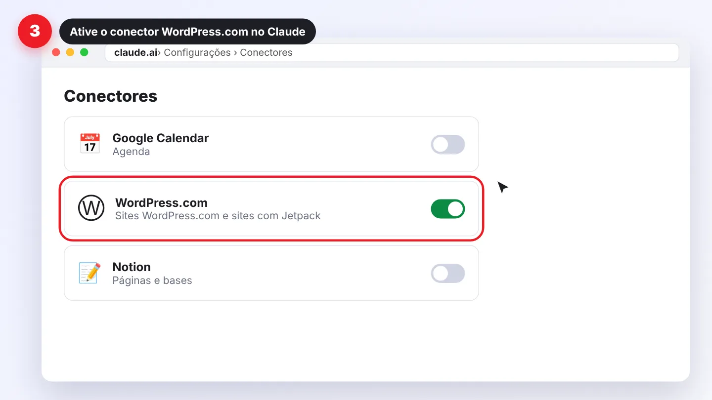 Passo 3 do conector: ativar o conector WordPress.com nas configurações do Claude