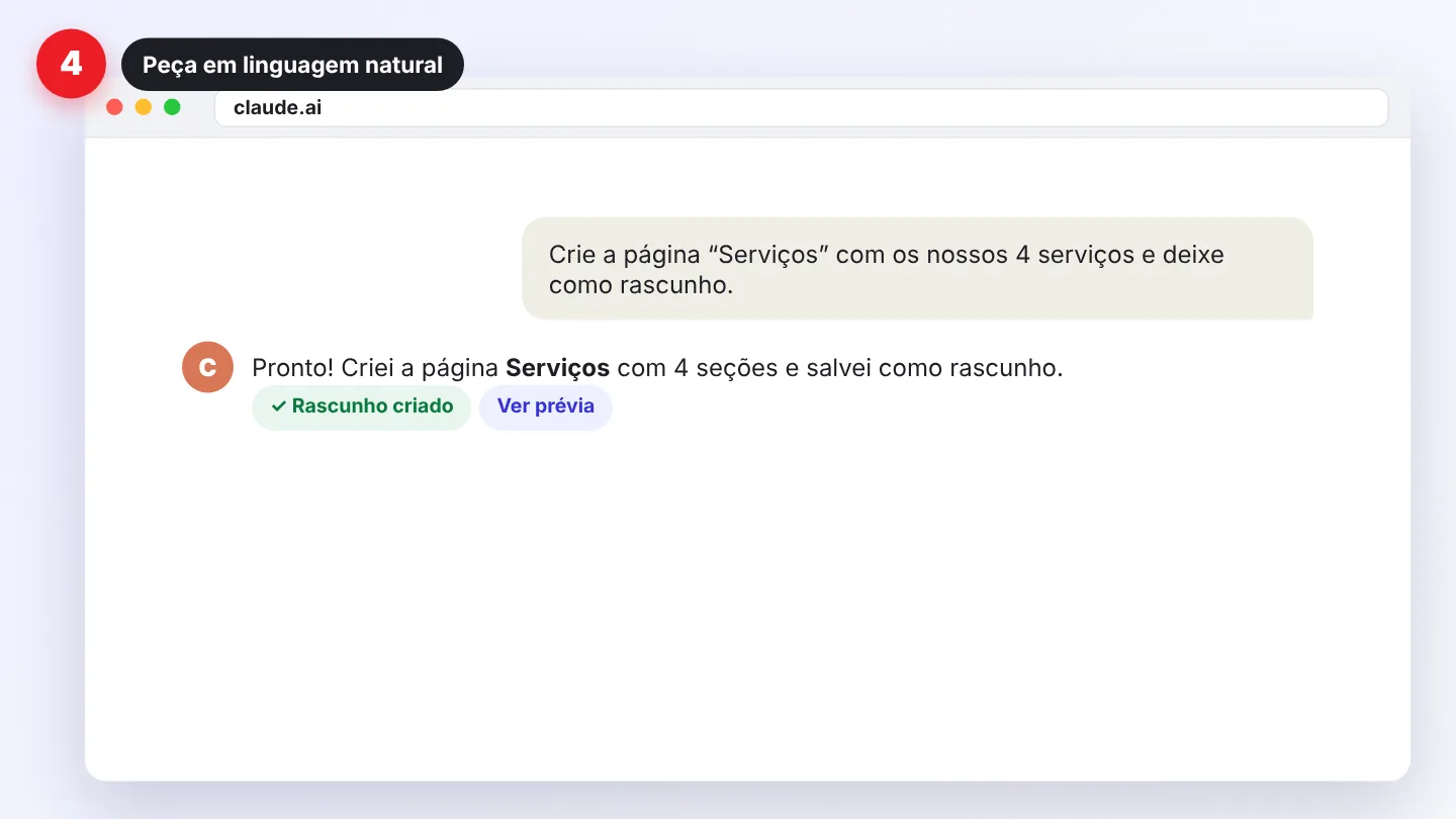Passo 4 do conector: pedir ao Claude em linguagem natural para criar uma página