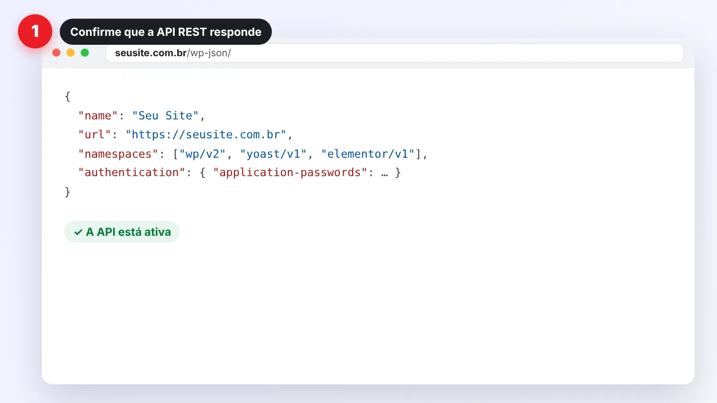 Passo 1 da API REST: abrir /wp-json/ e confirmar que a API responde