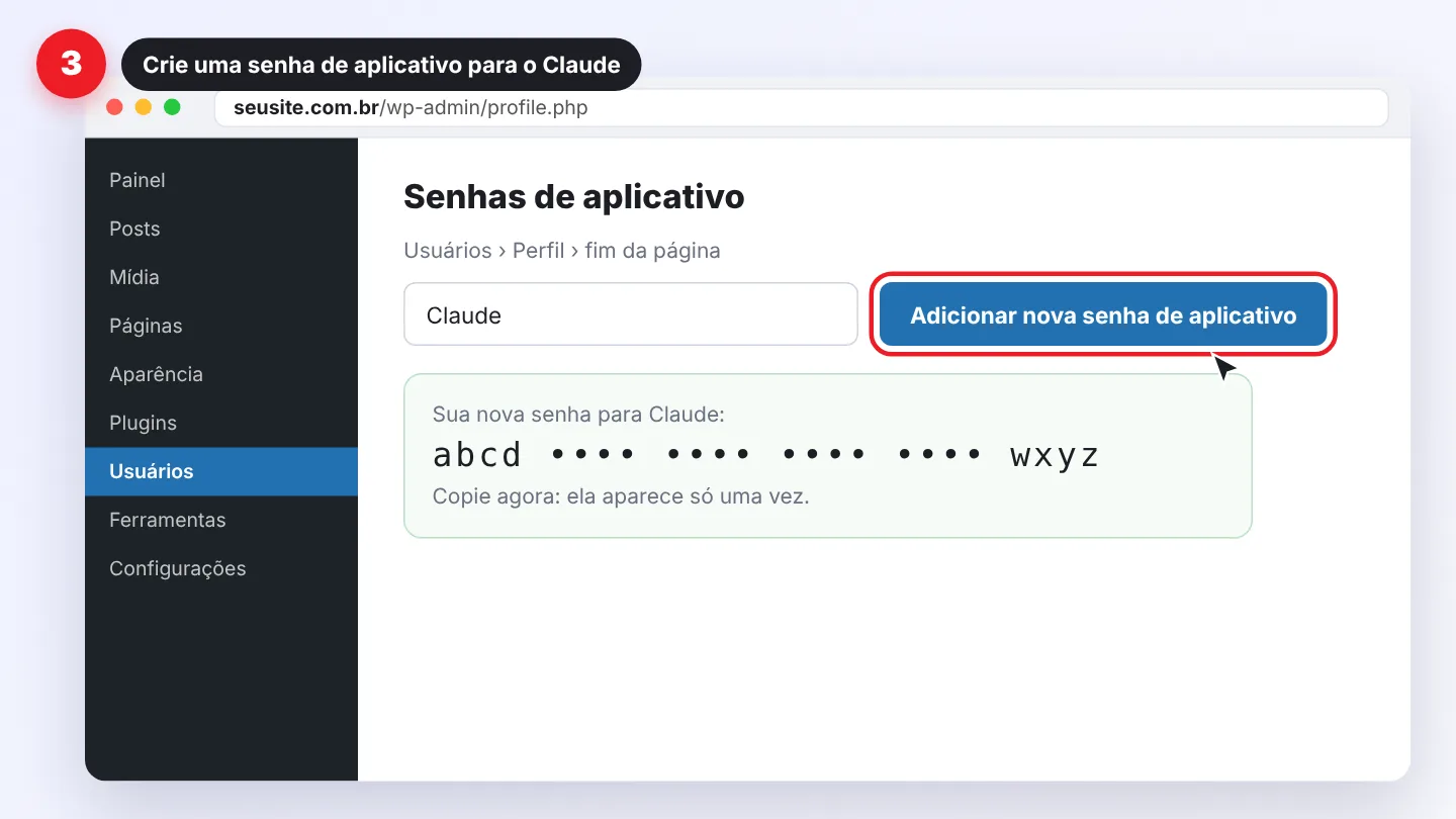 Passo 3 da API REST: criar uma senha de aplicativo para o Claude no perfil do usuário