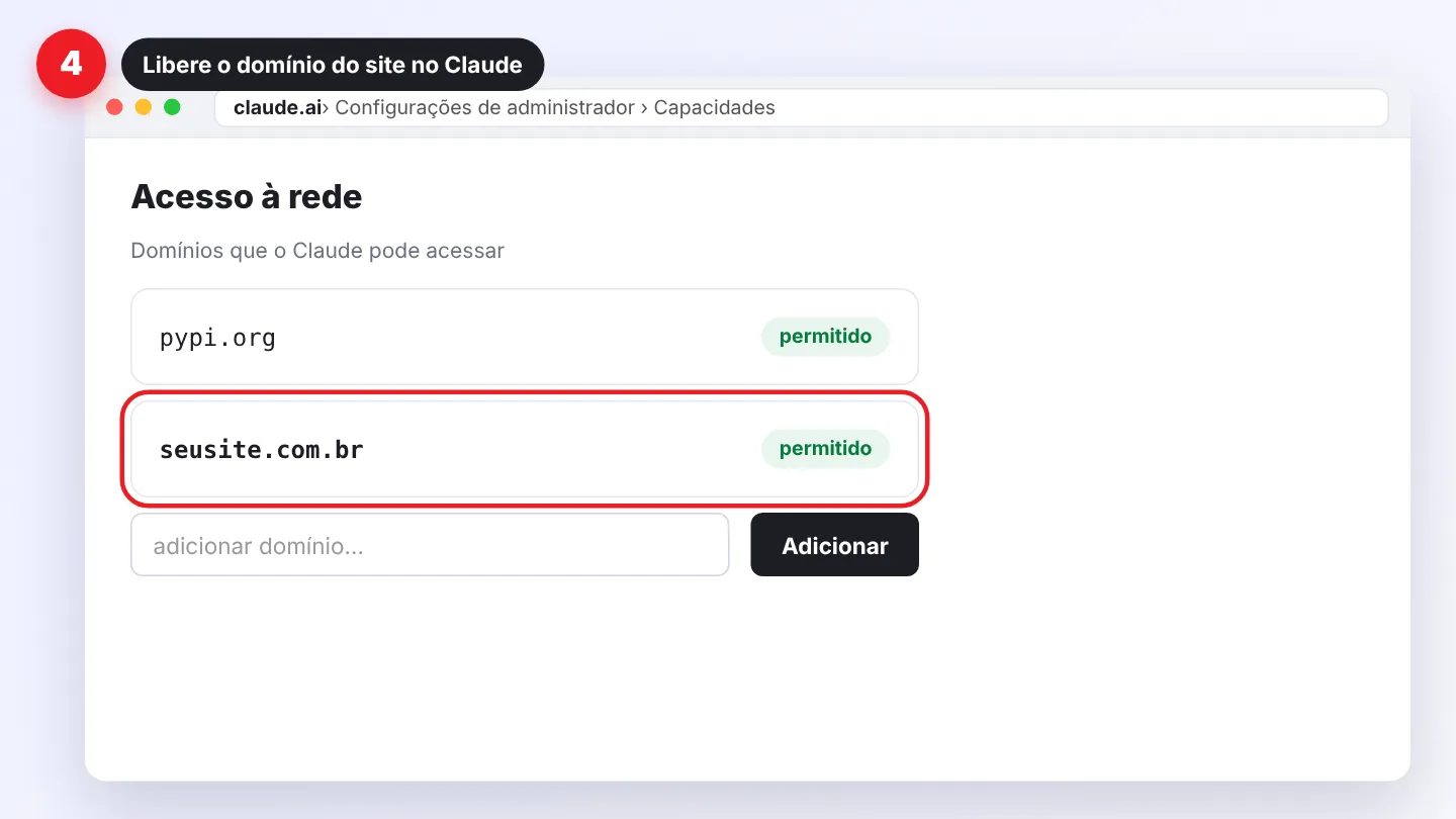 Passo 4 da API REST: liberar o domínio do site no acesso à rede do Claude