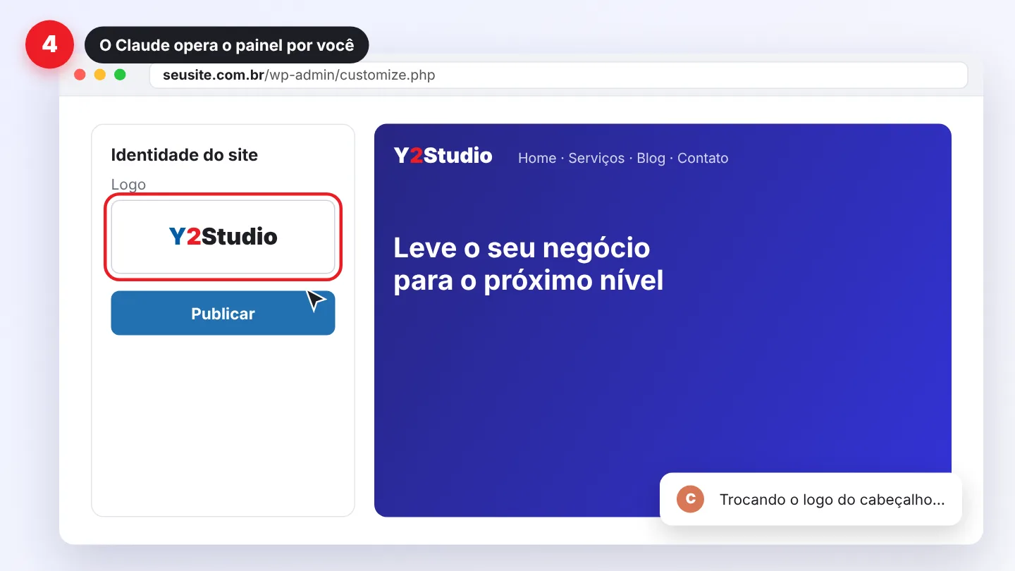 Passo 4 do navegador: o Claude trocando o logo no Personalizar do WordPress