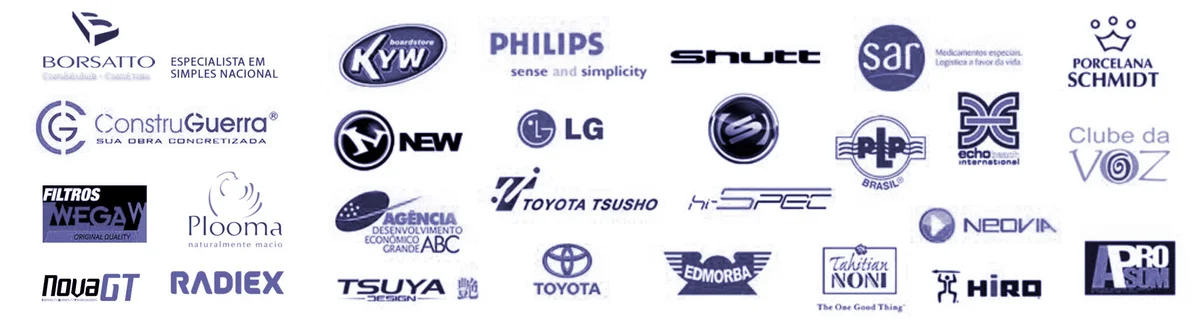 Logotipos de empresas clientes da Y2 Studio, como Philips, LG e Toyota